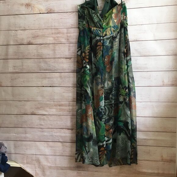 MIDNIGHT VELVET 100% SILK MAXI DRESS IN TROPICAL PRINT - Picture 9 of 12
